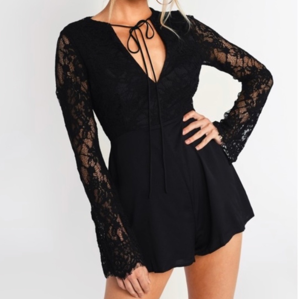 Tobi black lace long sleeve romper